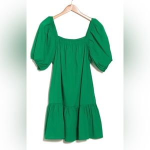 One One Six green square neck ruffle bubble puff sleeve mini poplin dress